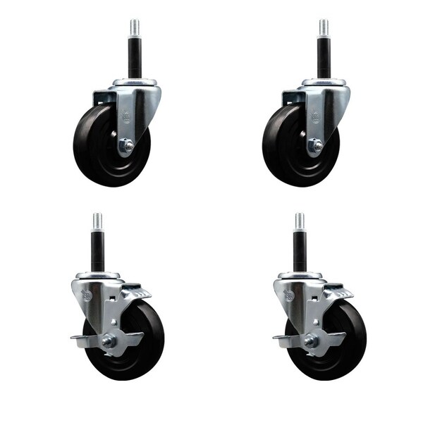 4'' Soft Rubber Wheel Swivel 3/4'' Expanding Stem Caster Set 2 Brakes, 4PK